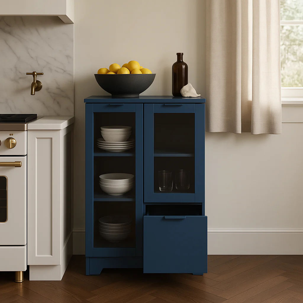 FUNKOL Blue MDF Floor Base Kitchen Cabinet with Glass Doors - Image 4