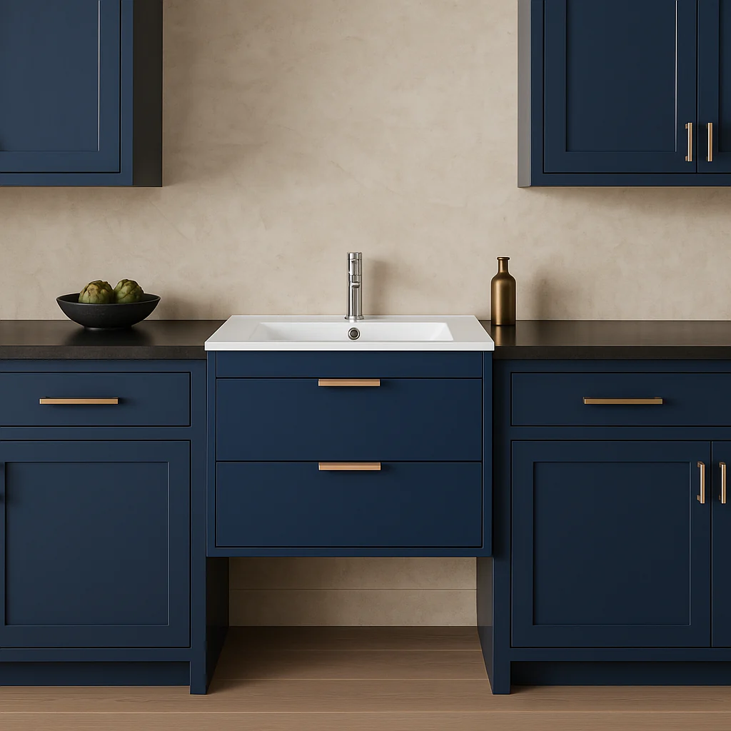 FUNKOL Blue MDF Wall Mounted Kitchen Cabinet with White Sink, Ready to Assemble - Image 2