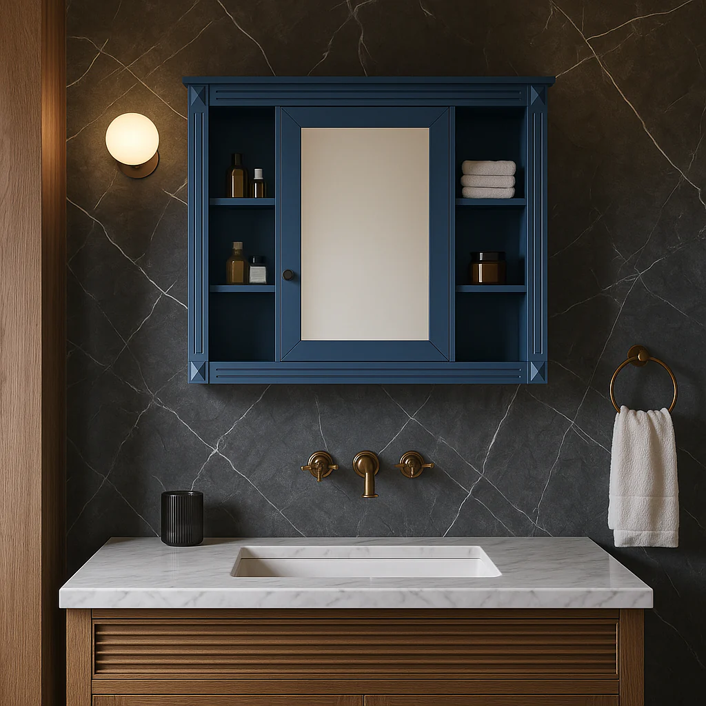 FUNKOL Blue Wall Mounted Bathroom Cabinet with Mirror and Storage Dividers - Image 2