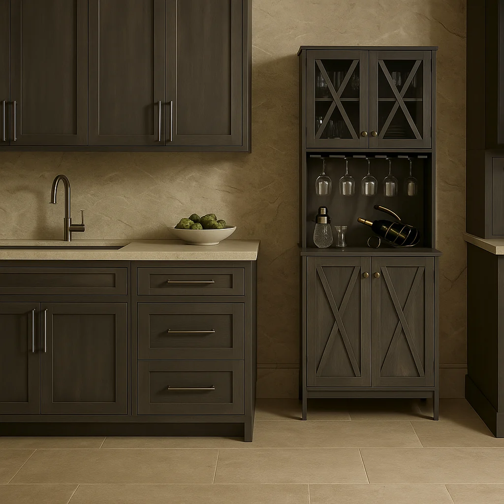 FUNKOL Charcoal Gray Kitchen Cabinet with Wine Rack and Glass Doors - Image 3