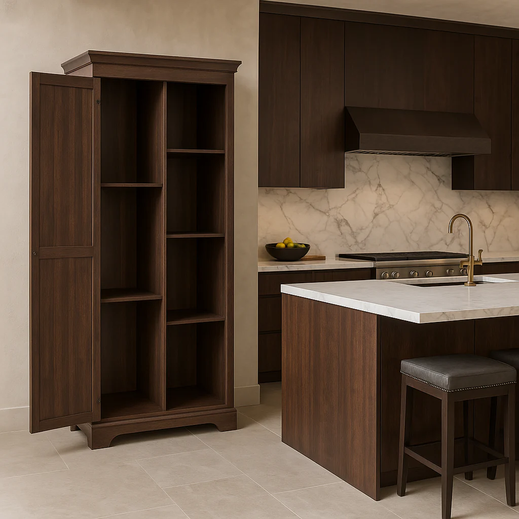 FUNKOL Espresso Vintage MDF Kitchen Cabinet with Barn Door and Shelves - Image 2