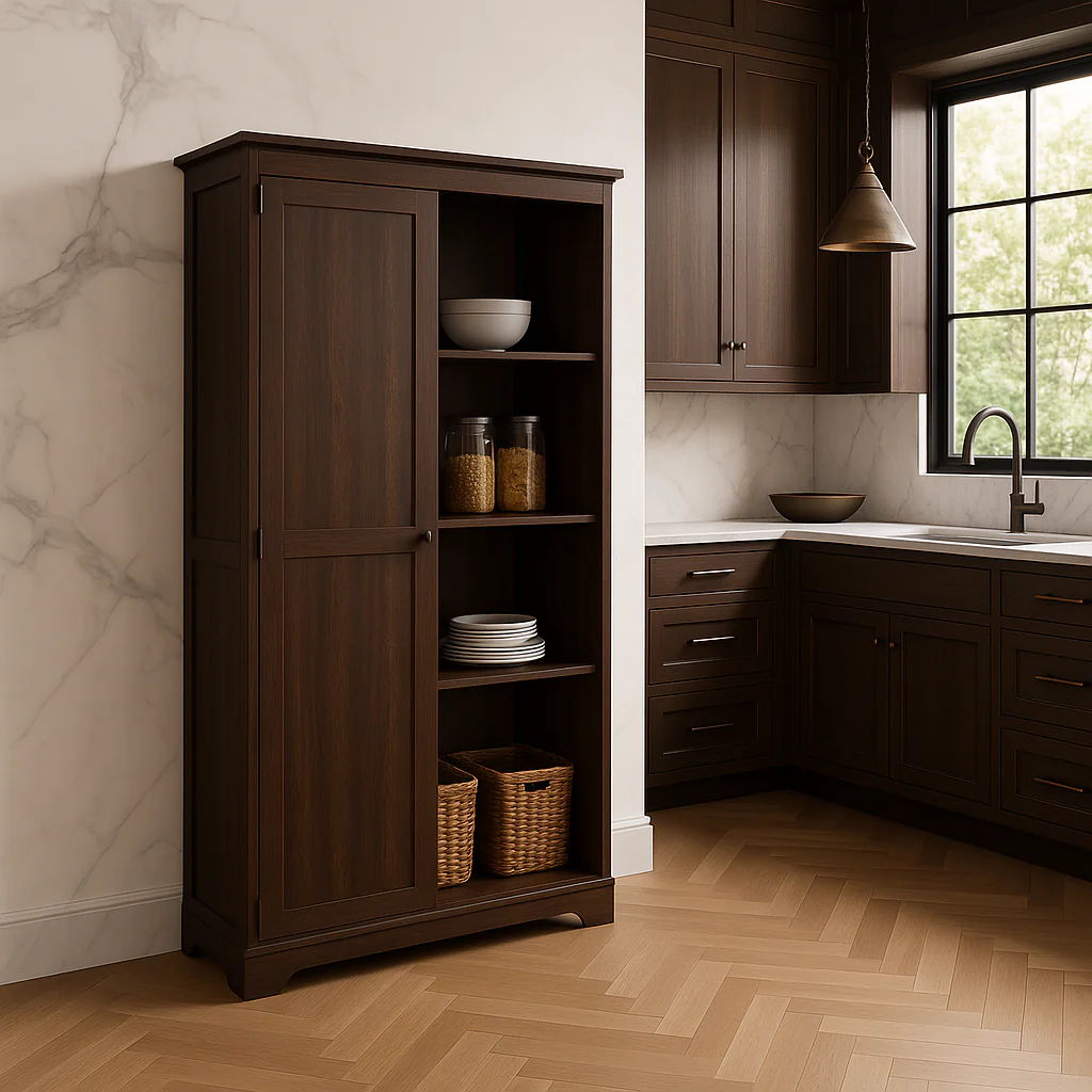 FUNKOL Espresso Vintage MDF Kitchen Cabinet with Barn Door and Shelves - Image 3