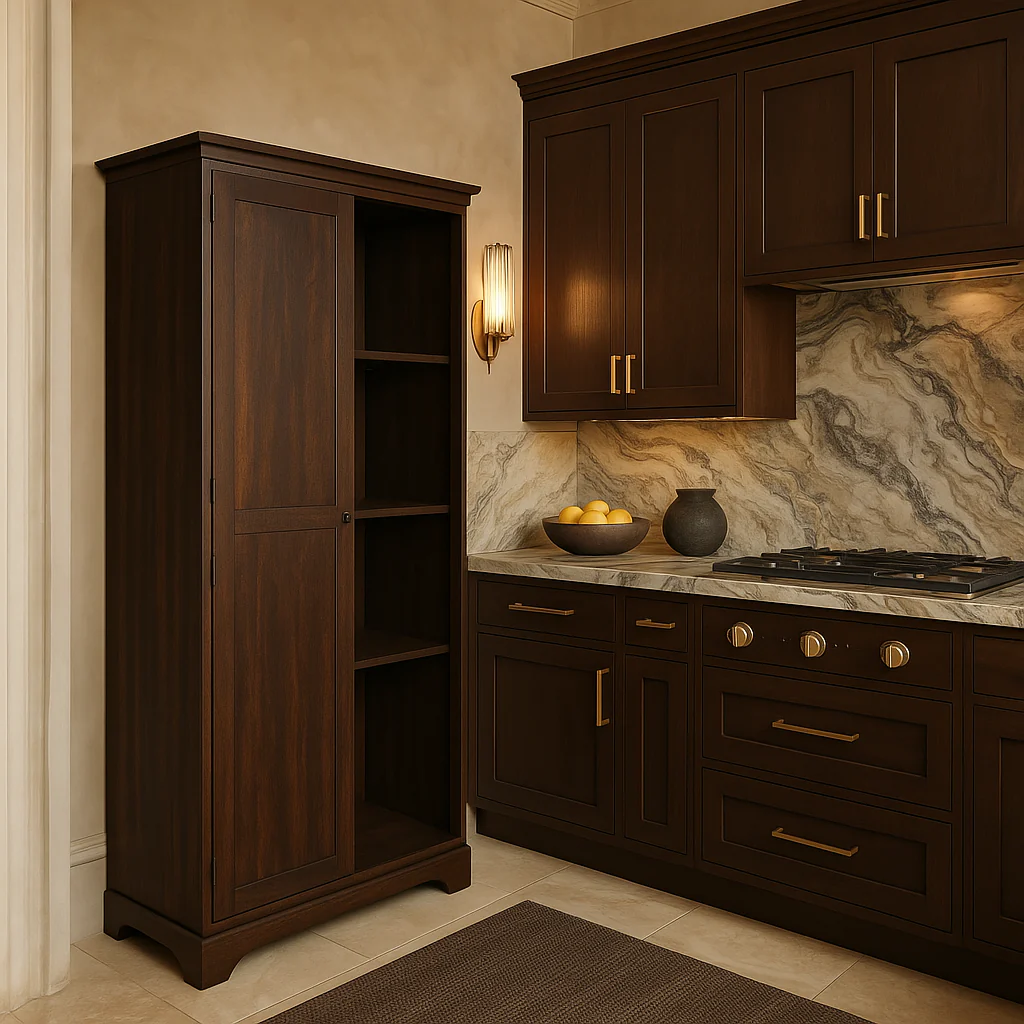 FUNKOL Espresso Vintage MDF Kitchen Cabinet with Barn Door and Shelves - Image 4
