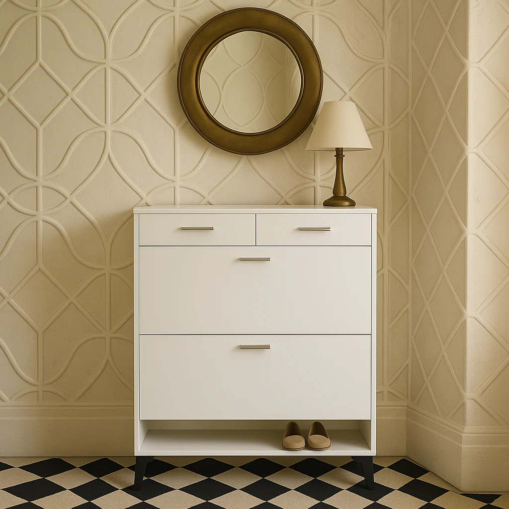 FUNKOL Freestanding Flip-Flop Shoe Cabinet in White MDF with 2 Flip-Flop Drawers and 2 Drawers - Image 3