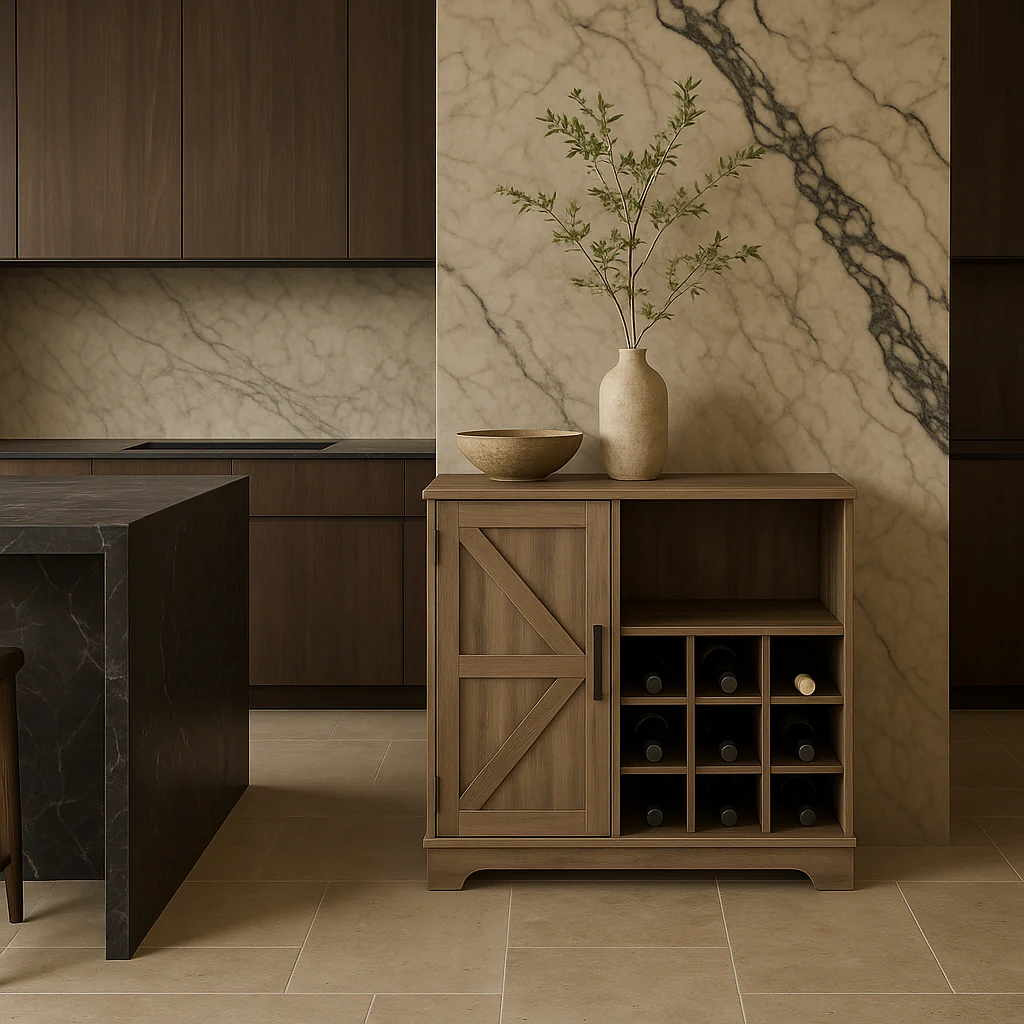 FUNKOL Gray MDF Kitchen Cabinet with 2 Drawers, 1 Door, and 12 Wine Racks - Image 2