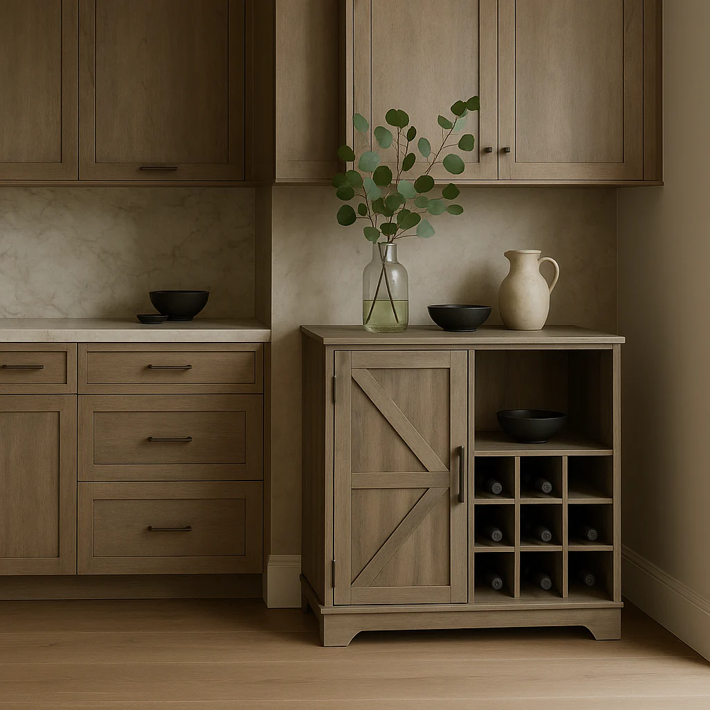 FUNKOL Gray MDF Kitchen Cabinet with 2 Drawers, 1 Door, and 12 Wine Racks - Image 3