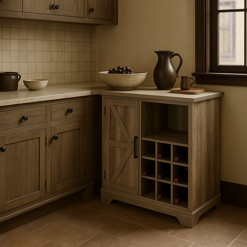FUNKOL Gray MDF Sideboard with Barn Wood Cabinet Door and Wine Racks - Image 4
