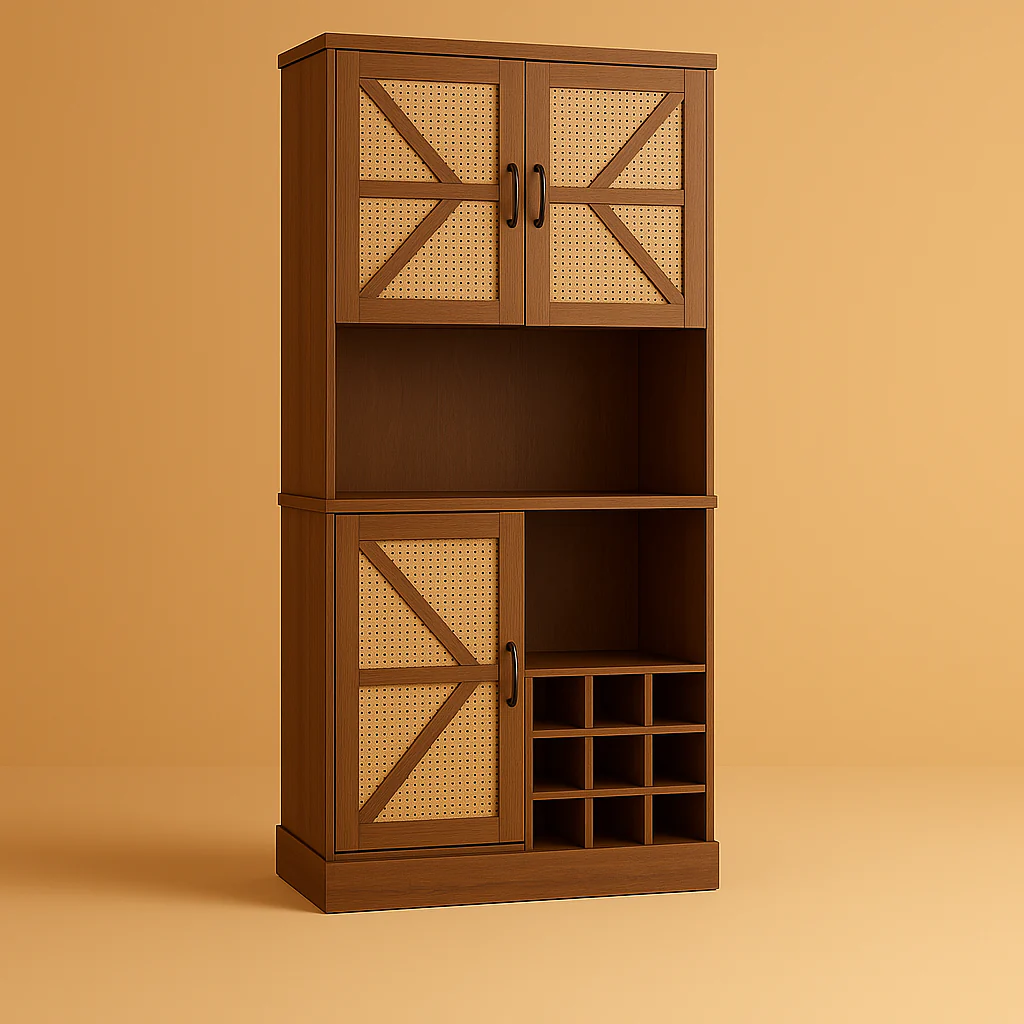 FUNKOL Oak Wooden Wicker Wine Cabinet with Microwave Shelf and Wine Rack