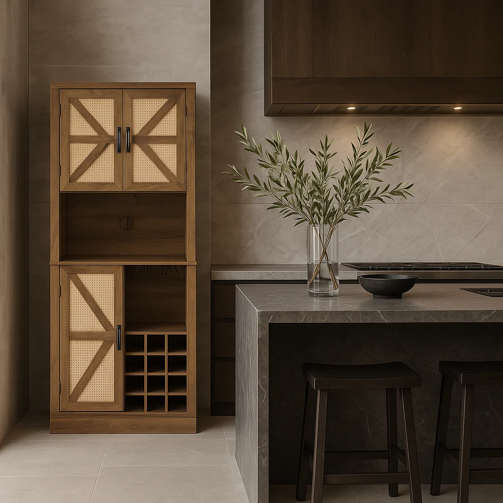 FUNKOL Oak Wooden Wicker Wine Cabinet with Microwave Shelf and Wine Rack - Image 2