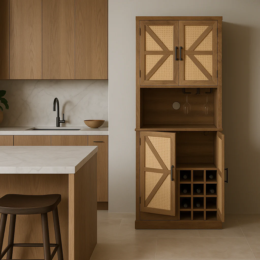 FUNKOL Oak Wooden Wicker Wine Cabinet with Microwave Shelf and Wine Rack - Image 3