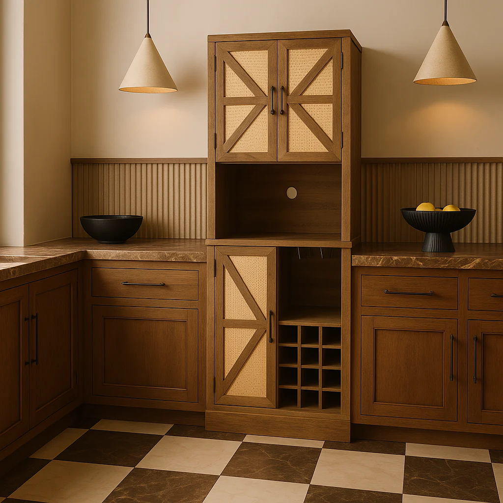 FUNKOL Oak Wooden Wicker Wine Cabinet with Microwave Shelf and Wine Rack - Image 4