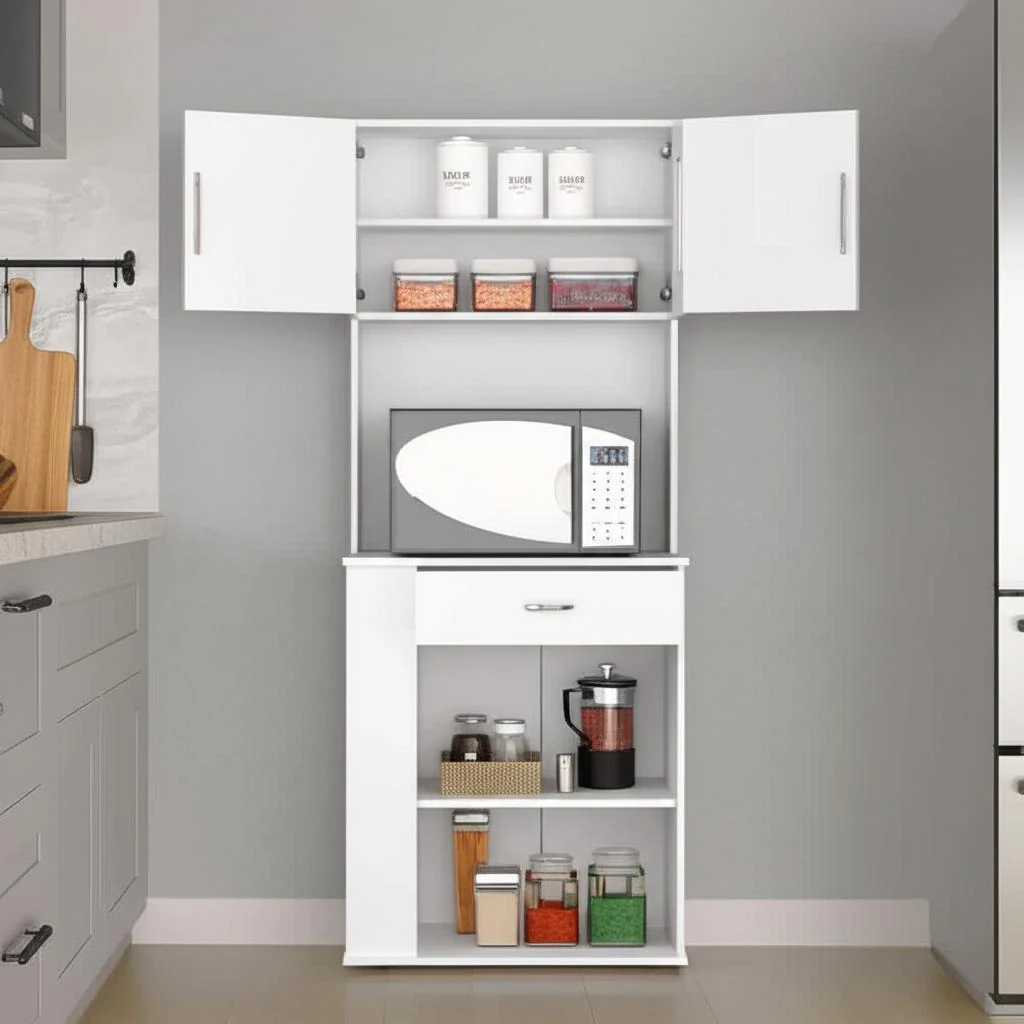 FUNKOL Ready to Assemble Pantry Cabinet with Shelves and Drawer, White - Image 4