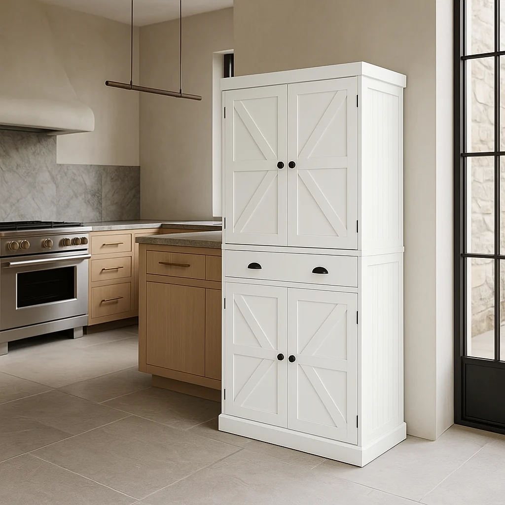 FUNKOL White MDF Kitchen Cabinet with Adjustable Shelves and Drawer - Image 2