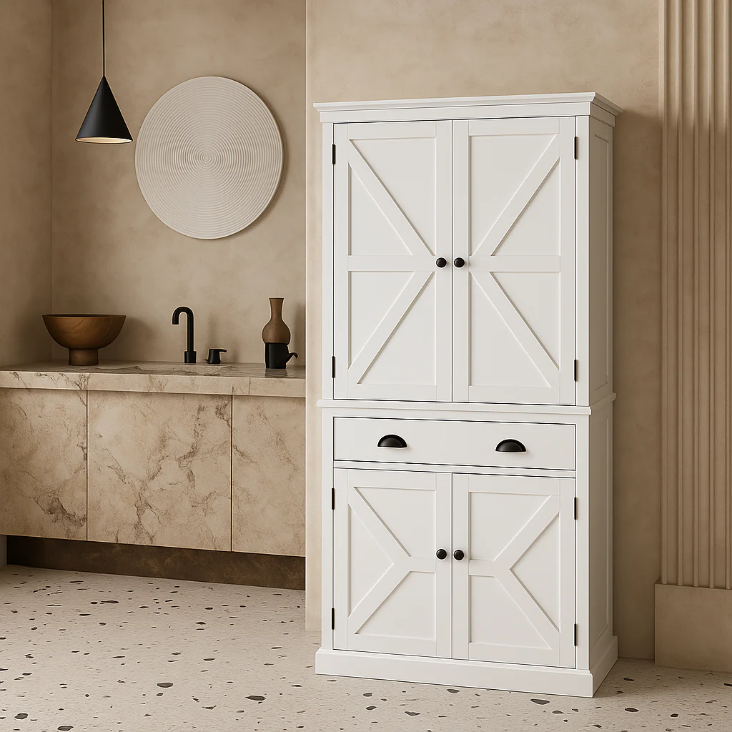 FUNKOL White MDF Kitchen Cabinet with Adjustable Shelves and Drawer - Image 3