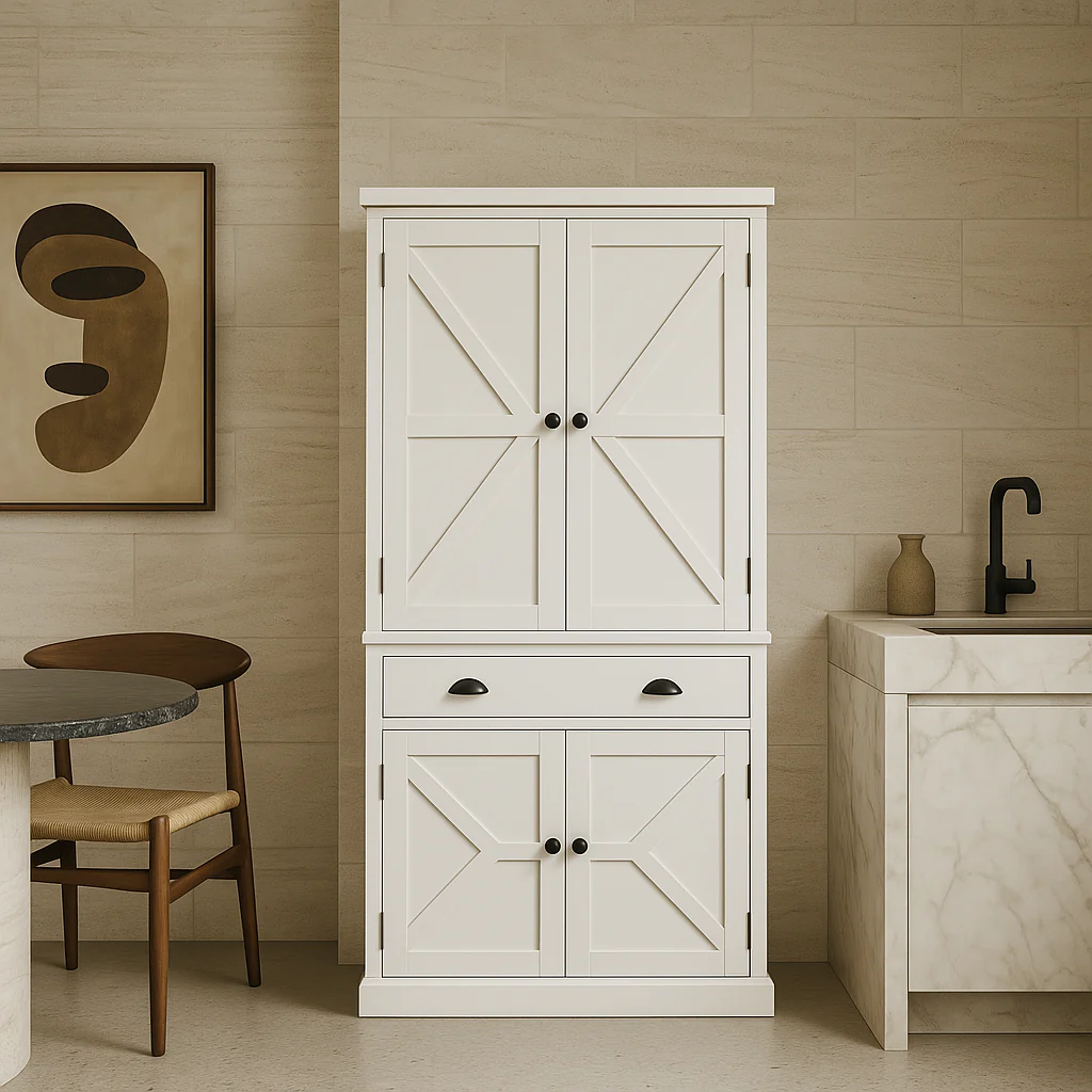 FUNKOL White MDF Kitchen Cabinet with Adjustable Shelves and Drawer - Image 4