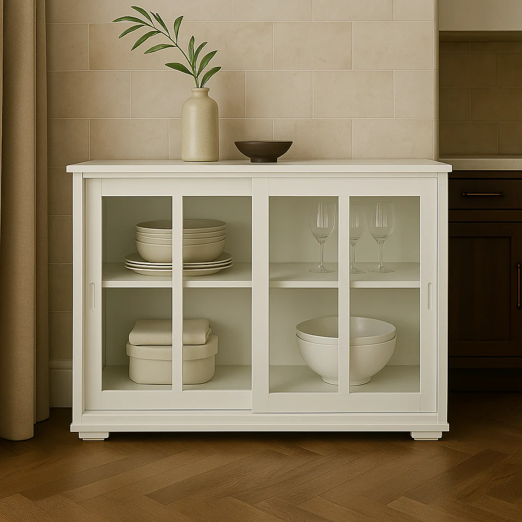 FUNKOL White MDF Sideboard with Glass Doors - Ready to Assemble - Image 2