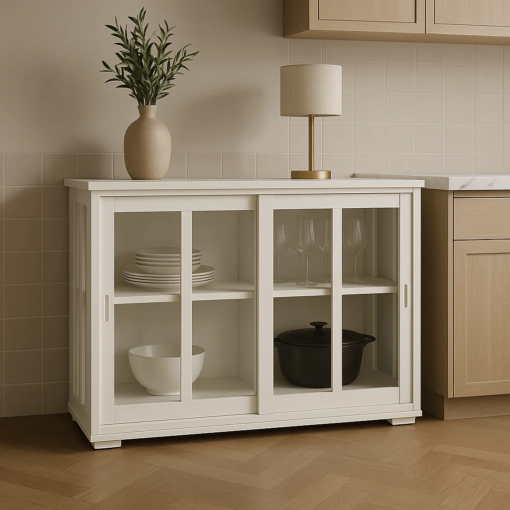 FUNKOL White MDF Sideboard with Glass Doors - Ready to Assemble - Image 4