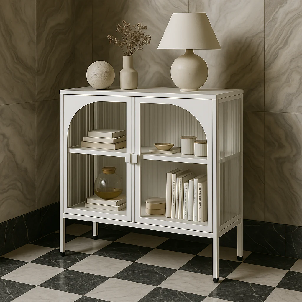 FUNKOL White Metal Storage Cabinet with Glass Doors and Adjustable Shelves - Image 2