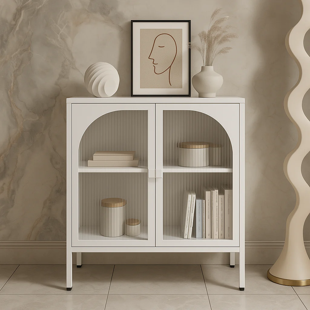 FUNKOL White Metal Storage Cabinet with Glass Doors and Adjustable Shelves - Image 3