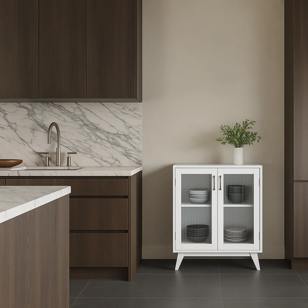 FUNKOL White Particleboard Kitchen Cabinet with Glass Doors and Adjustable Shelves - Image 4