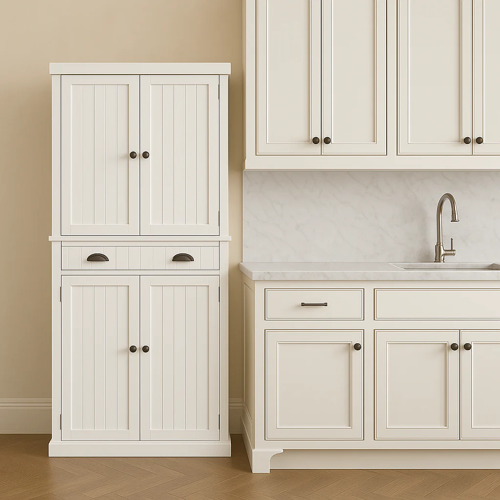 FUNKOL White Vertical Striped MDF Kitchen Cabinet with Adjustable Shelves - Image 2