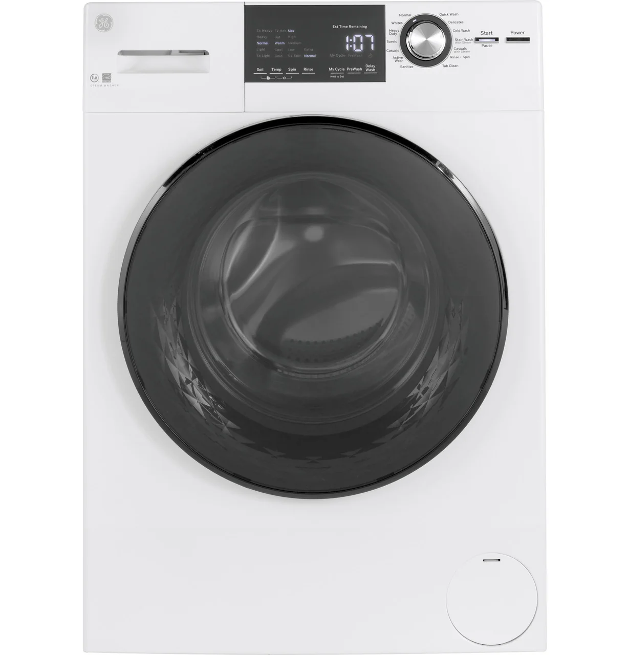 GE 2.4 cu. ft. High-Efficiency Stackable Front-Load Washer with Steam, White, ENERGY STAR (GFW148SSMWW)