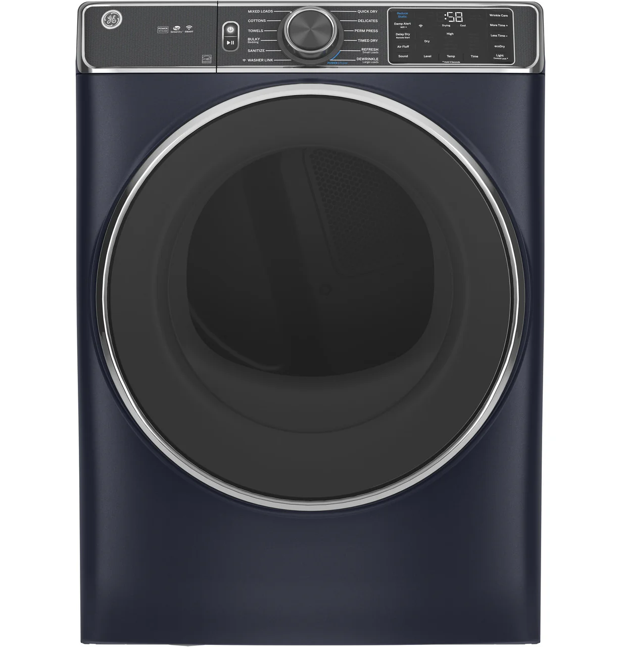 GE 7.8 cu. ft. Smart 240-Volt Sapphire Blue Stackable Electric Vented Dryer with Steam and Sanitize Cycle, ENERGY STAR