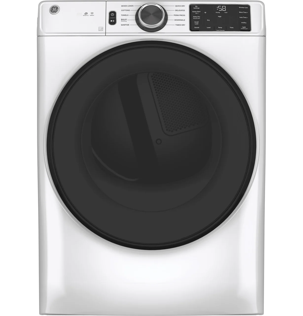 GE 7.8 cu. ft. Smart 240-Volt White Stackable Electric Vented Dryer with Sanitize Cycle, ENERGY STAR