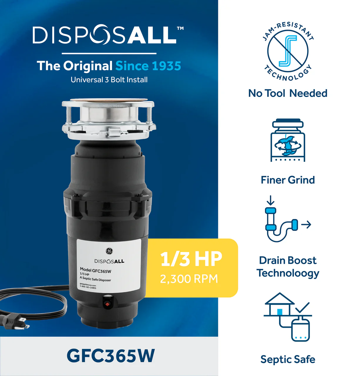 GE Disposall 1/3-HP Continuous Feed Garbage Disposer, Corded (Model GFC365W) - Image 6