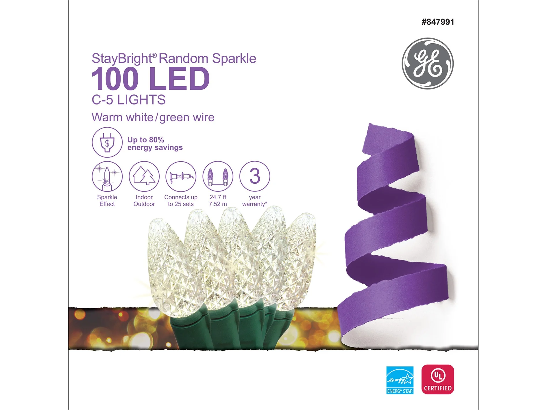 GE StayBright 100-Count 24.7-ft Sparkling Warm White LED Plug-In Christmas String Lights - Image 6