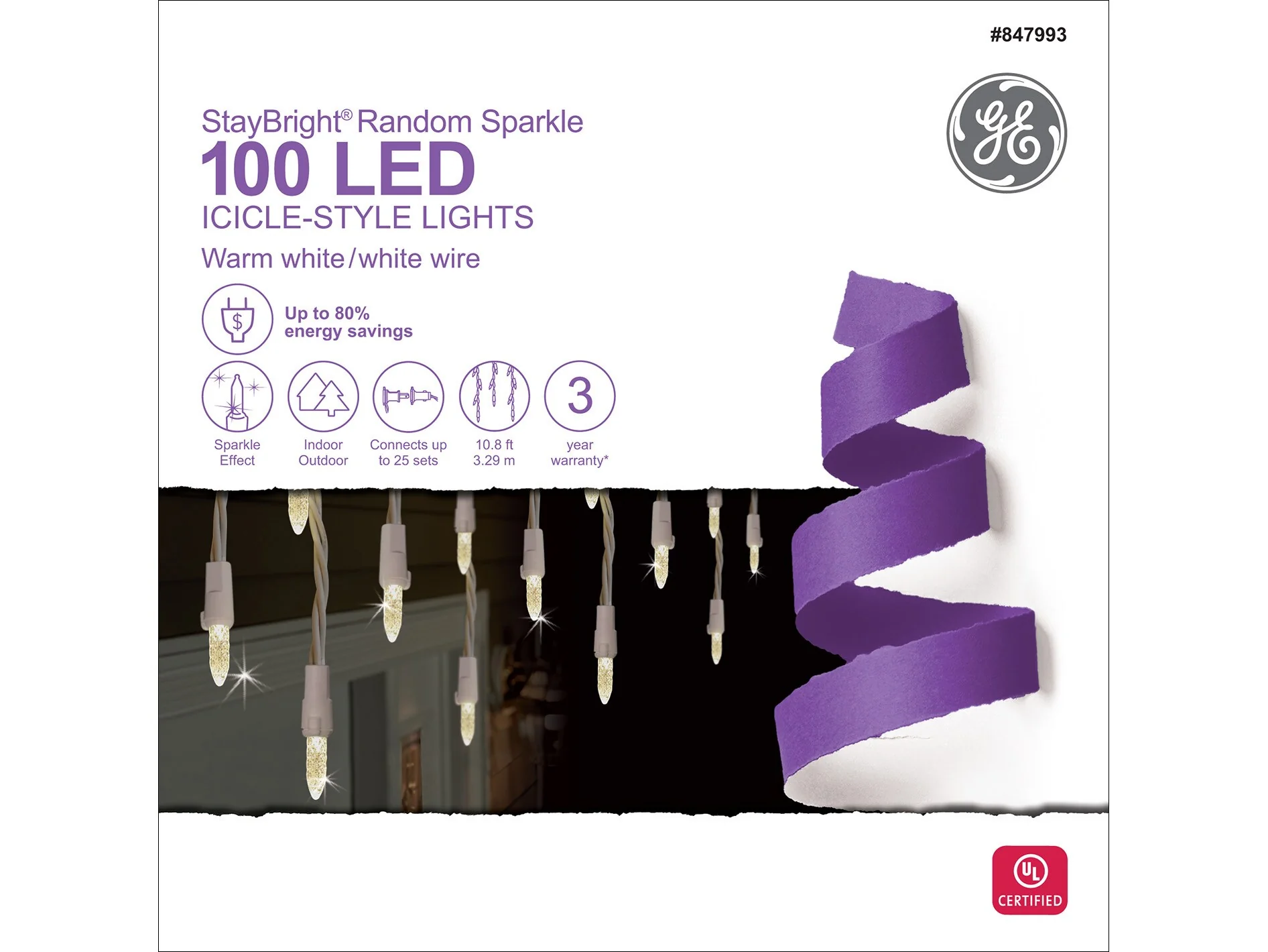 GE StayBright 100-Count Sparkling White Mini LED Plug-In Christmas Icicle Lights, Warm White, 10.8-ft Lighted Length - Image 7