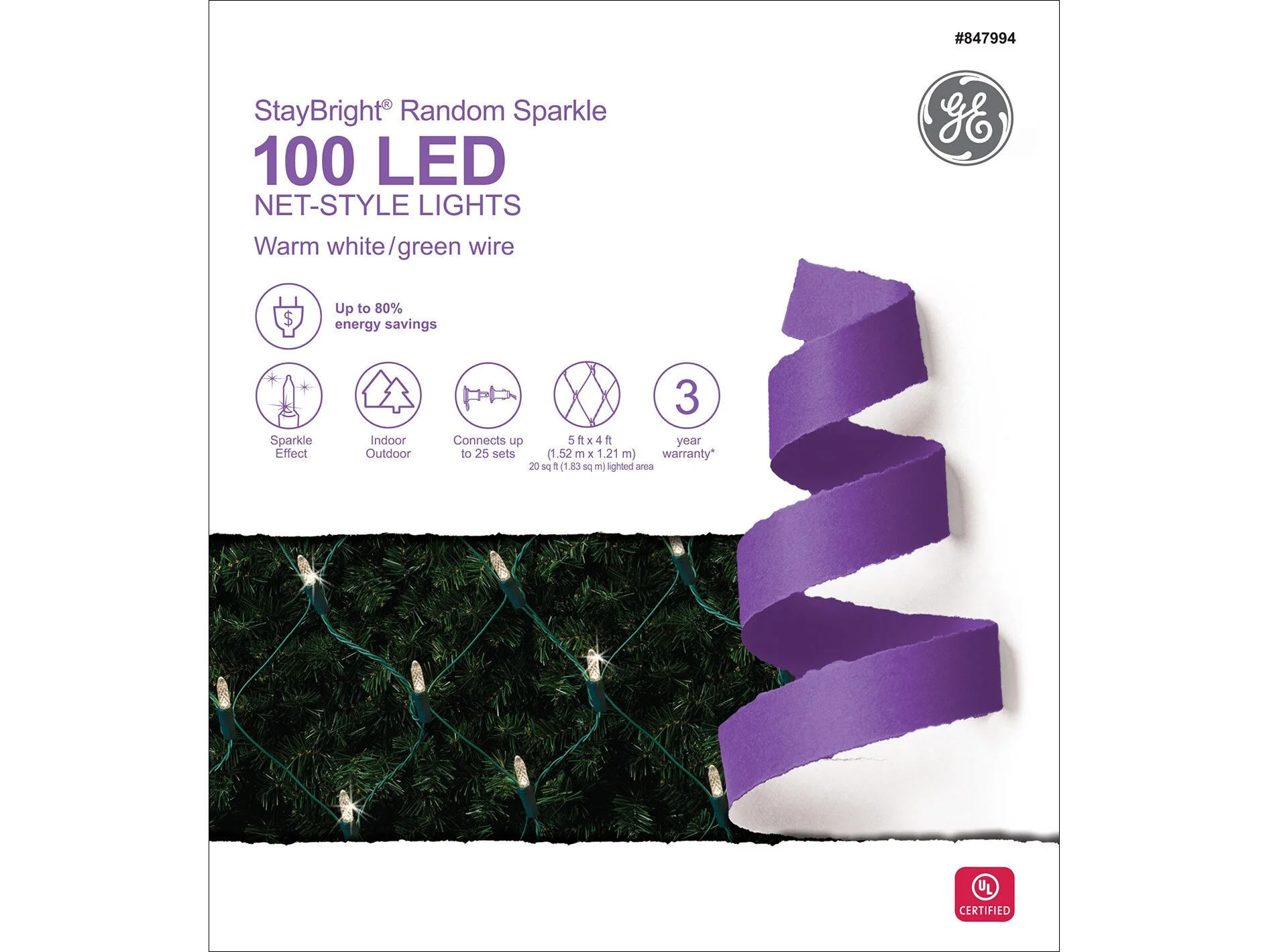 GE StayBright 5-ft x 4-ft Sparkling (Random) White LED 100-Count Mini Plug-In Christmas Net Lights - Image 6