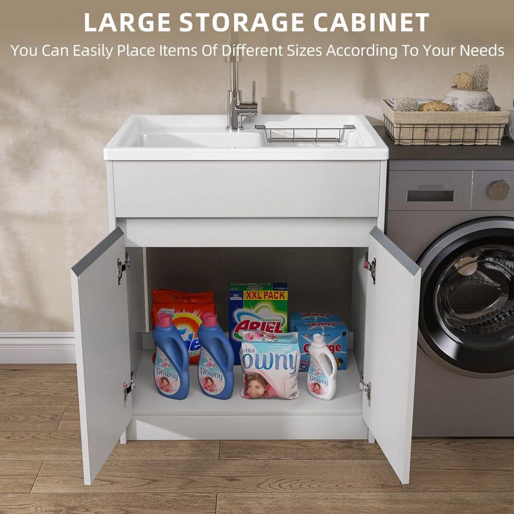 Getpro 30 in. Freestanding Solid Surface Laundry Utility Sink with Faucet and Cabinet - Image 10