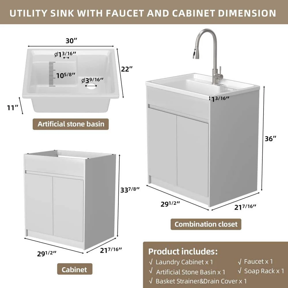 Getpro 30 in. Freestanding Solid Surface Laundry Utility Sink with Faucet and Cabinet - Image 2