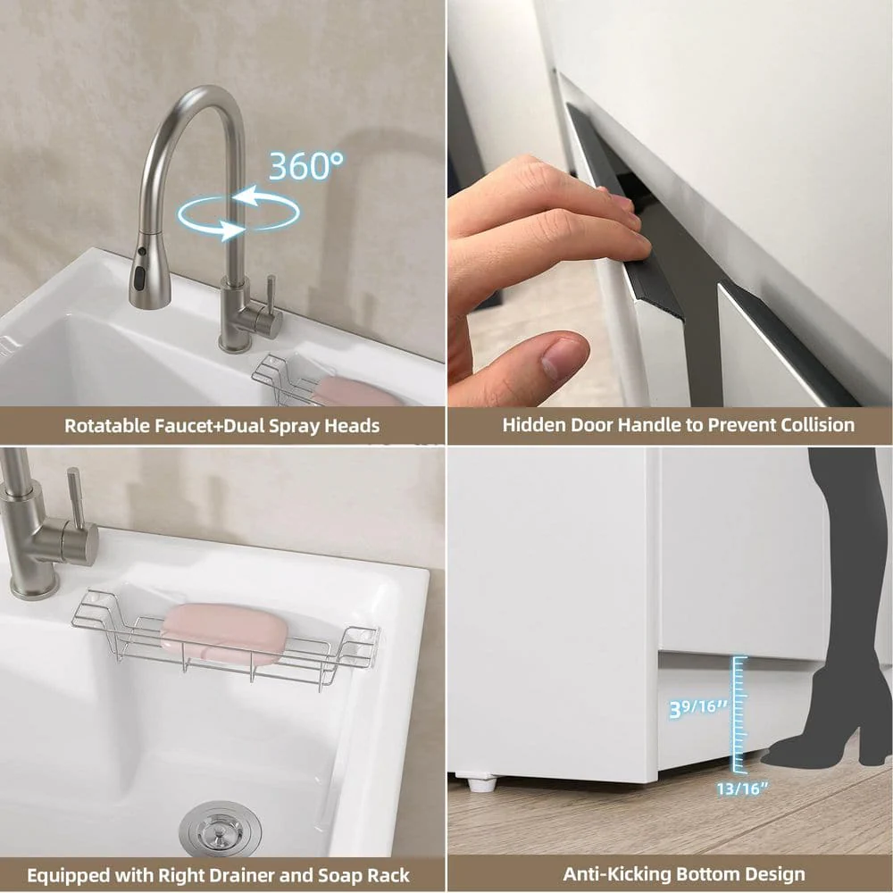 Getpro 30 in. Freestanding Solid Surface Laundry Utility Sink with Faucet and Cabinet - Image 3