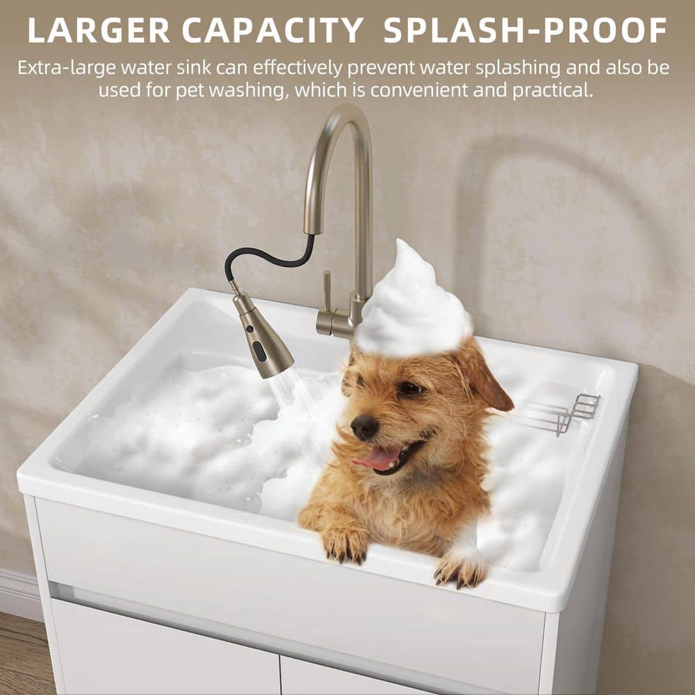 Getpro 30 in. Freestanding Solid Surface Laundry Utility Sink with Faucet and Cabinet - Image 4
