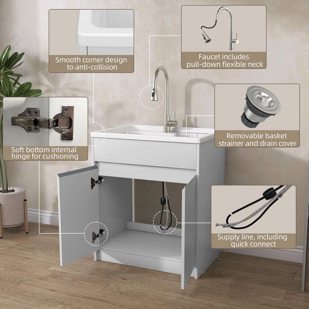 Getpro 30 in. Freestanding Solid Surface Laundry Utility Sink with Faucet and Cabinet - Image 5