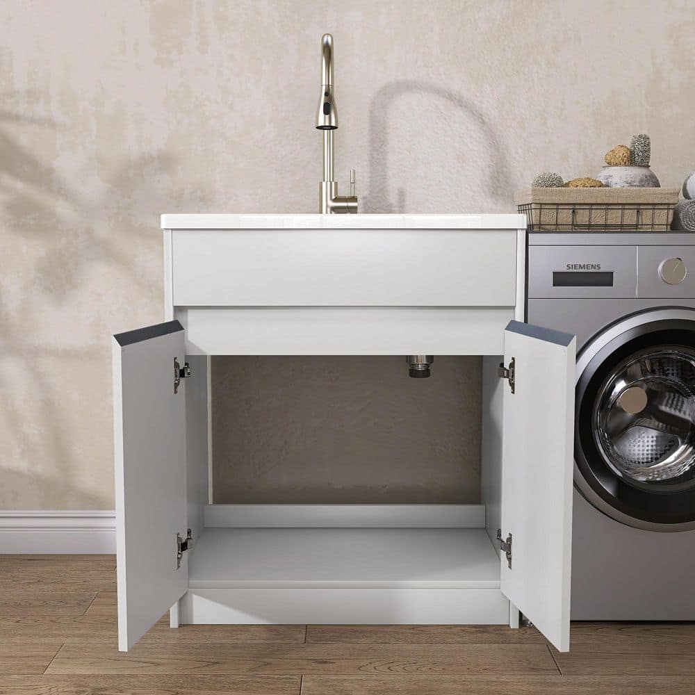 Getpro 30 in. Freestanding Solid Surface Laundry Utility Sink with Faucet and Cabinet - Image 7