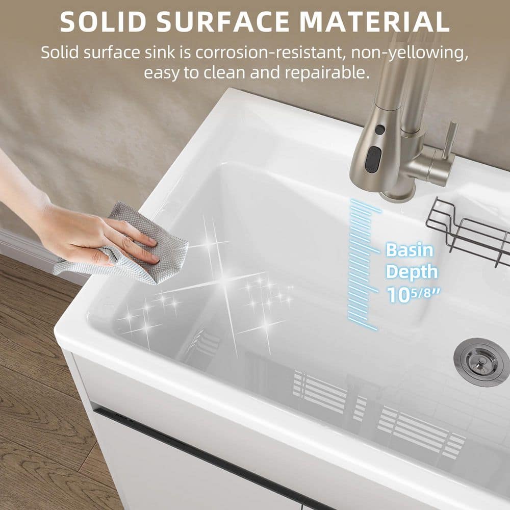 Getpro 30 in. Freestanding Solid Surface Laundry Utility Sink with Faucet and Cabinet - Image 9