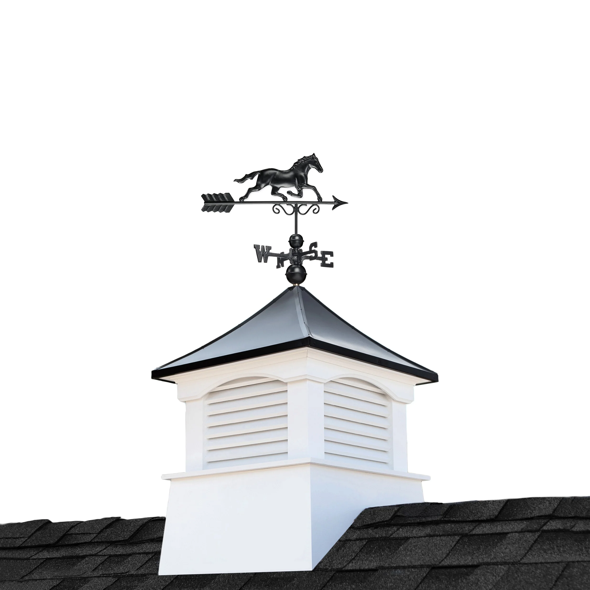 Good Directions Coventry Cupola with Black Horse Weathervane, 30-in x 66-in White Vinyl Cupola with Black Aluminum Roof