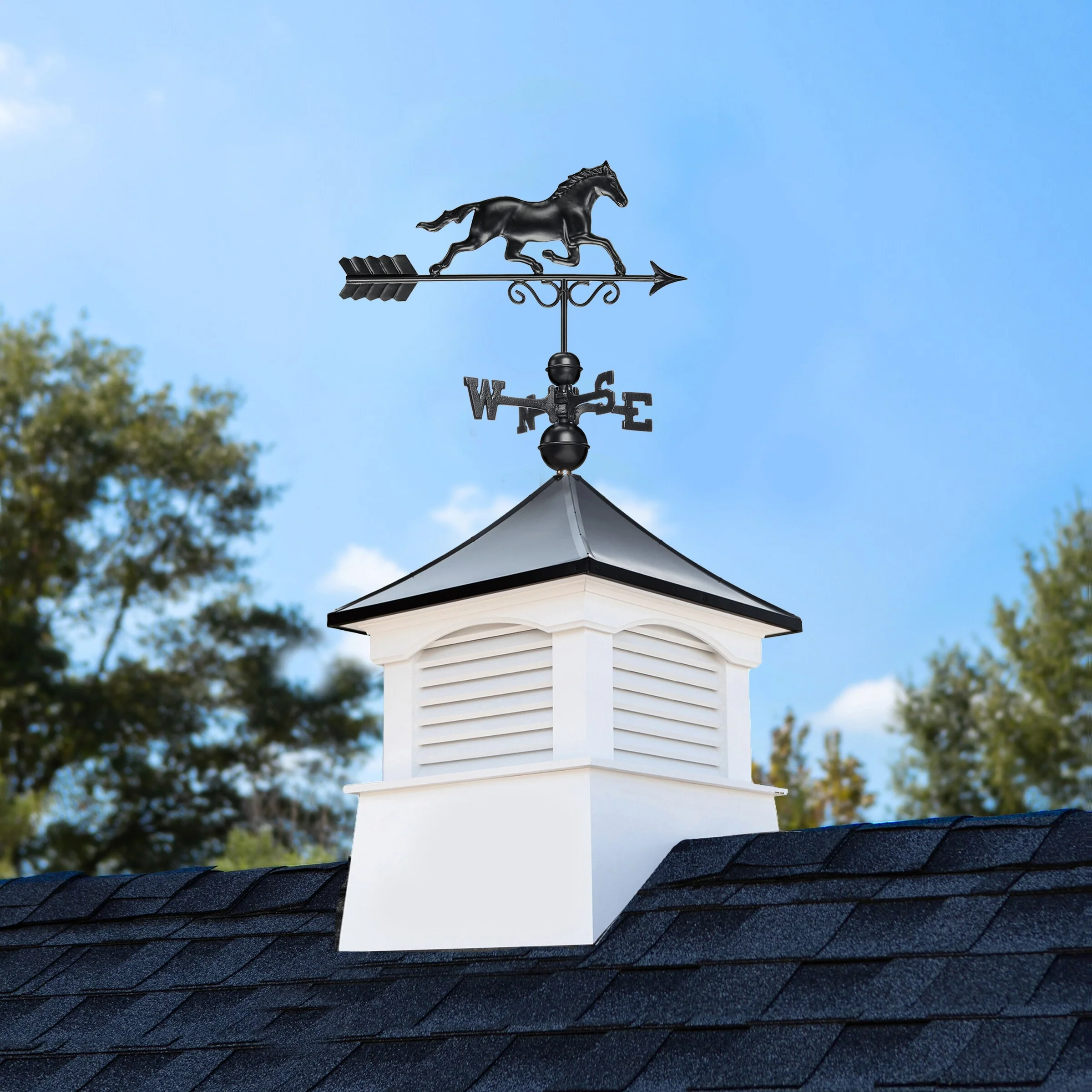 Good Directions Coventry Cupola with Black Horse Weathervane, 30-in x 66-in White Vinyl Cupola with Black Aluminum Roof - Image 2