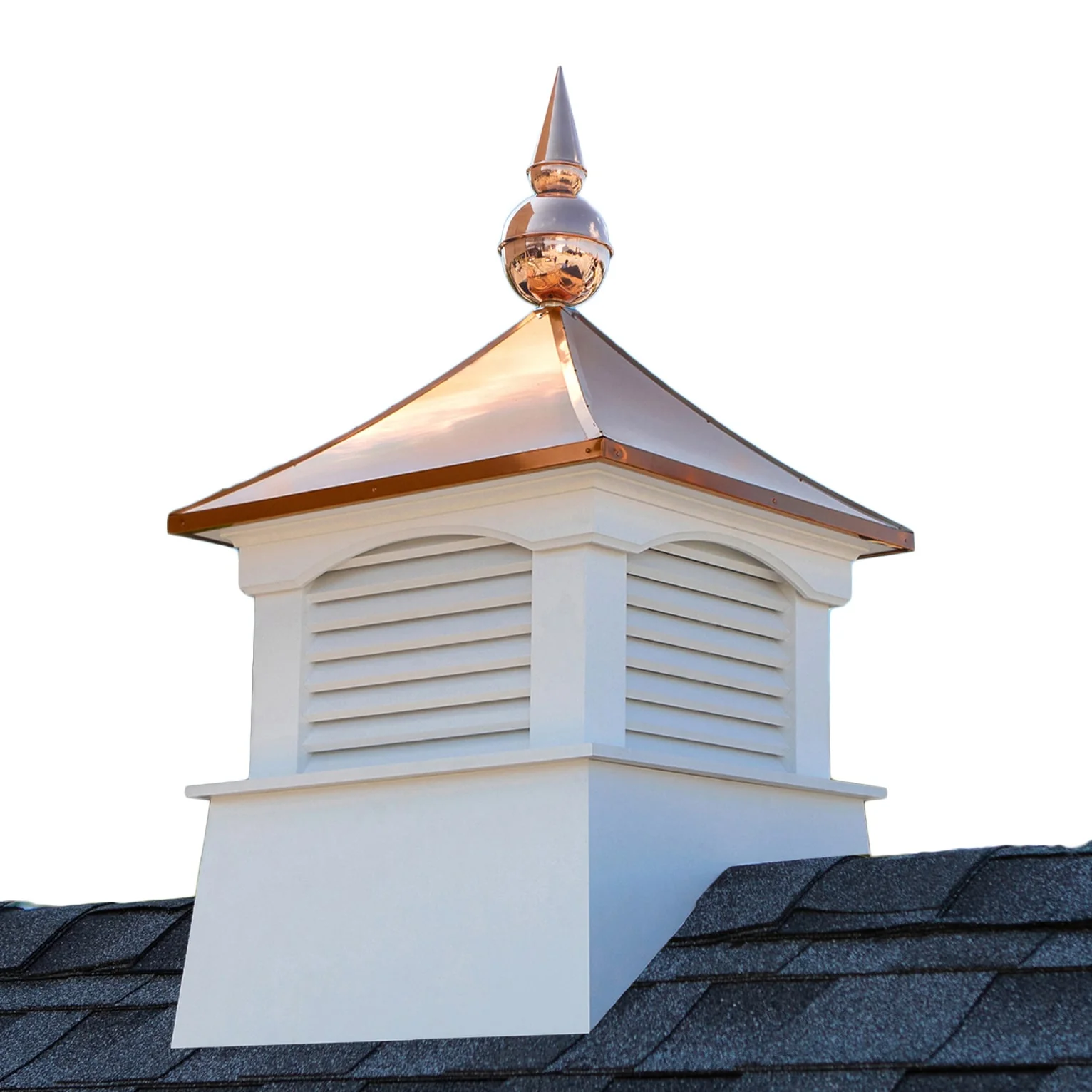 Good Directions Coventry Cupola with Copper Rooster Weathervane, 18-in x 46-in White Vinyl Cupola with 24-Gauge Copper Pagoda Roof