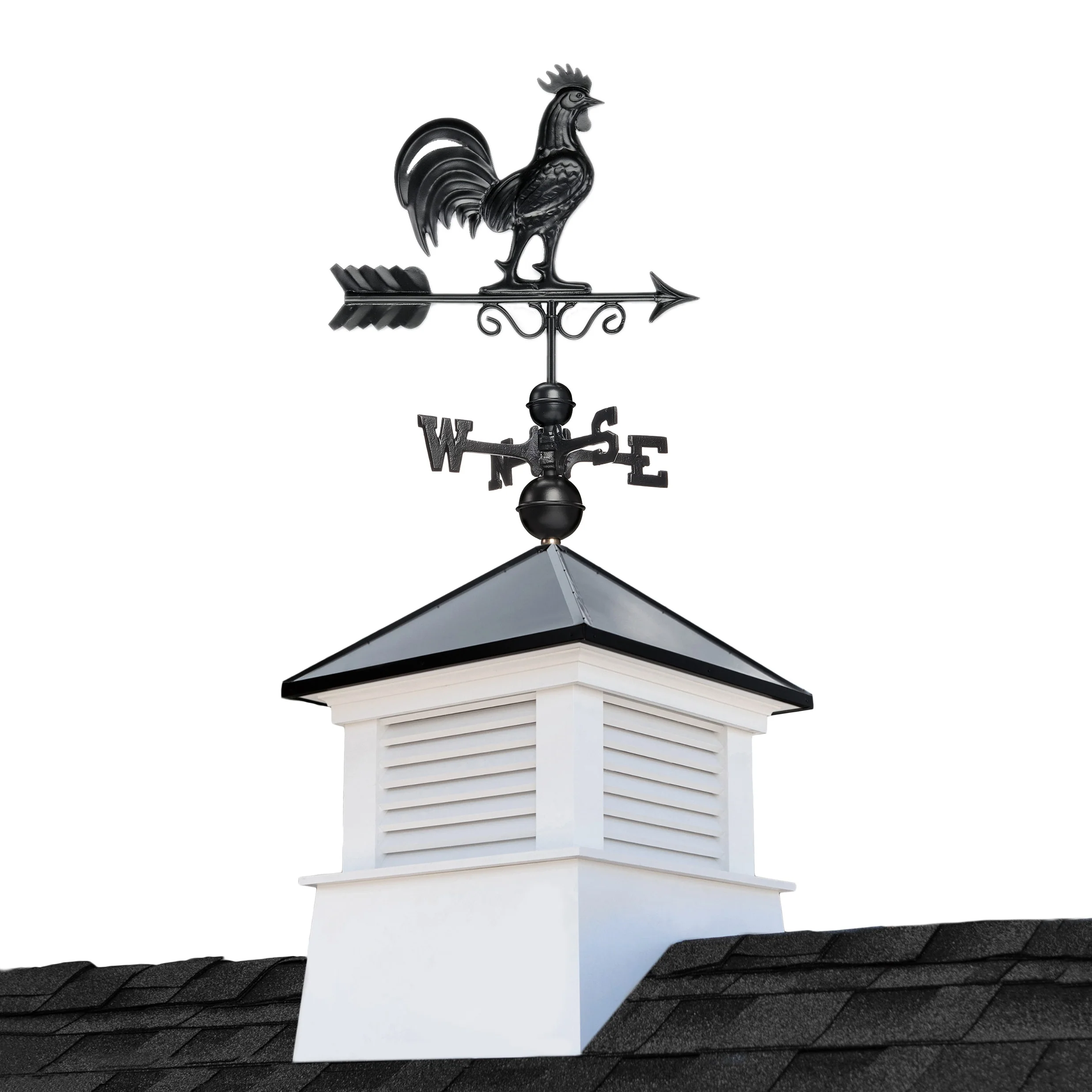 Good Directions Manchester 18-in x 49-in White Vinyl Cupola with Black Aluminum Roof and Black Rooster Weathervane