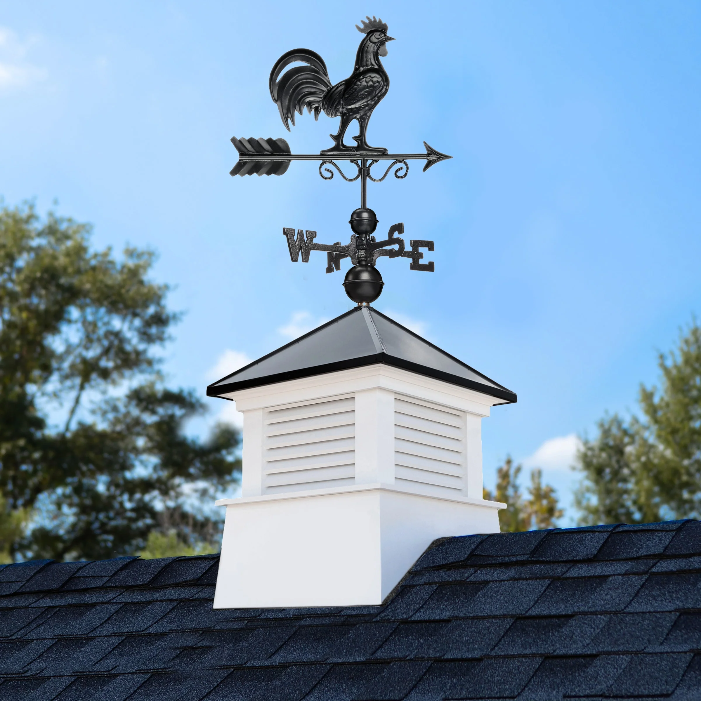 Good Directions Manchester 18-in x 49-in White Vinyl Cupola with Black Aluminum Roof and Black Rooster Weathervane - Image 2