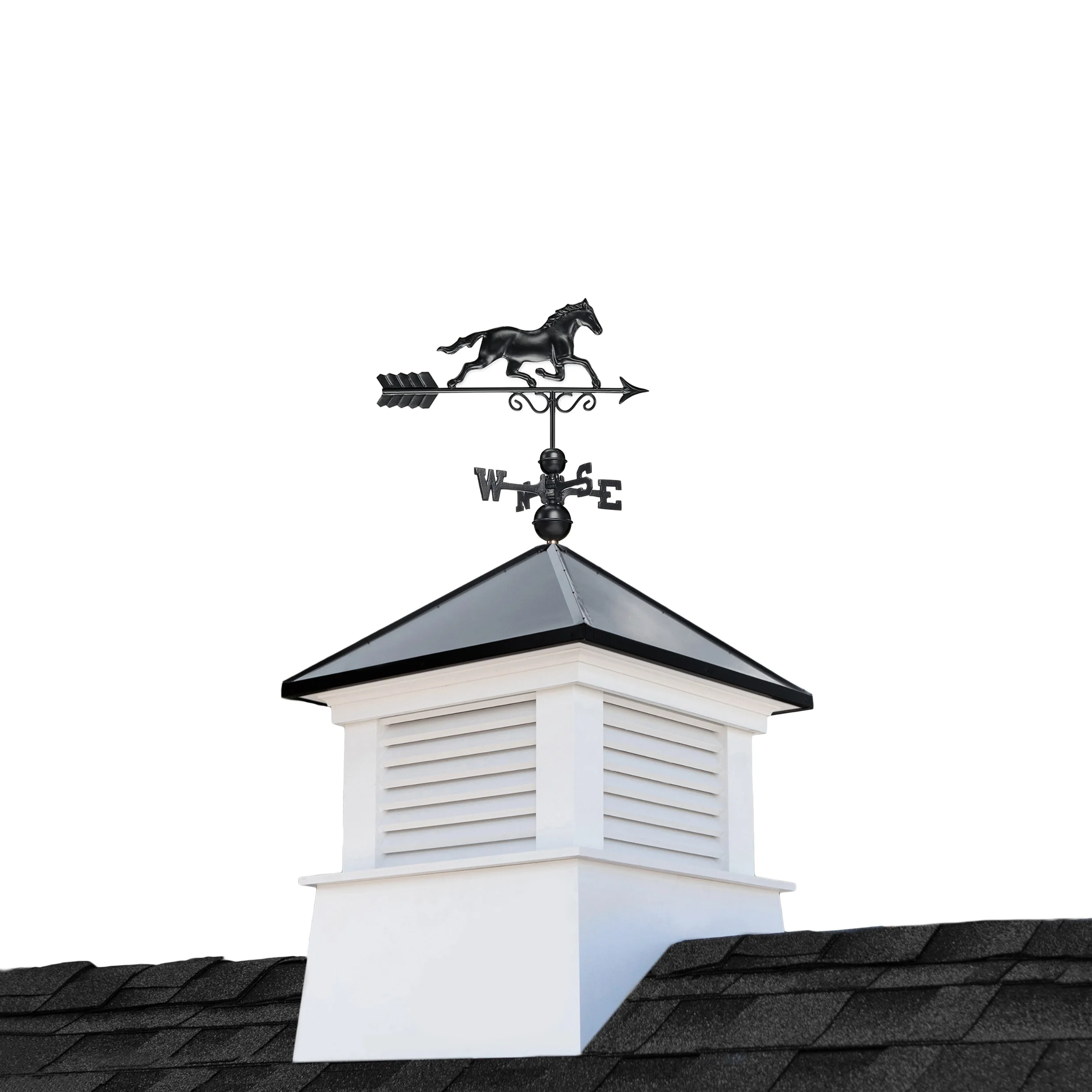 Good Directions Manchester 30-in x 64-in White Vinyl Cupola with Black Aluminum Roof and Black Horse Weathervane
