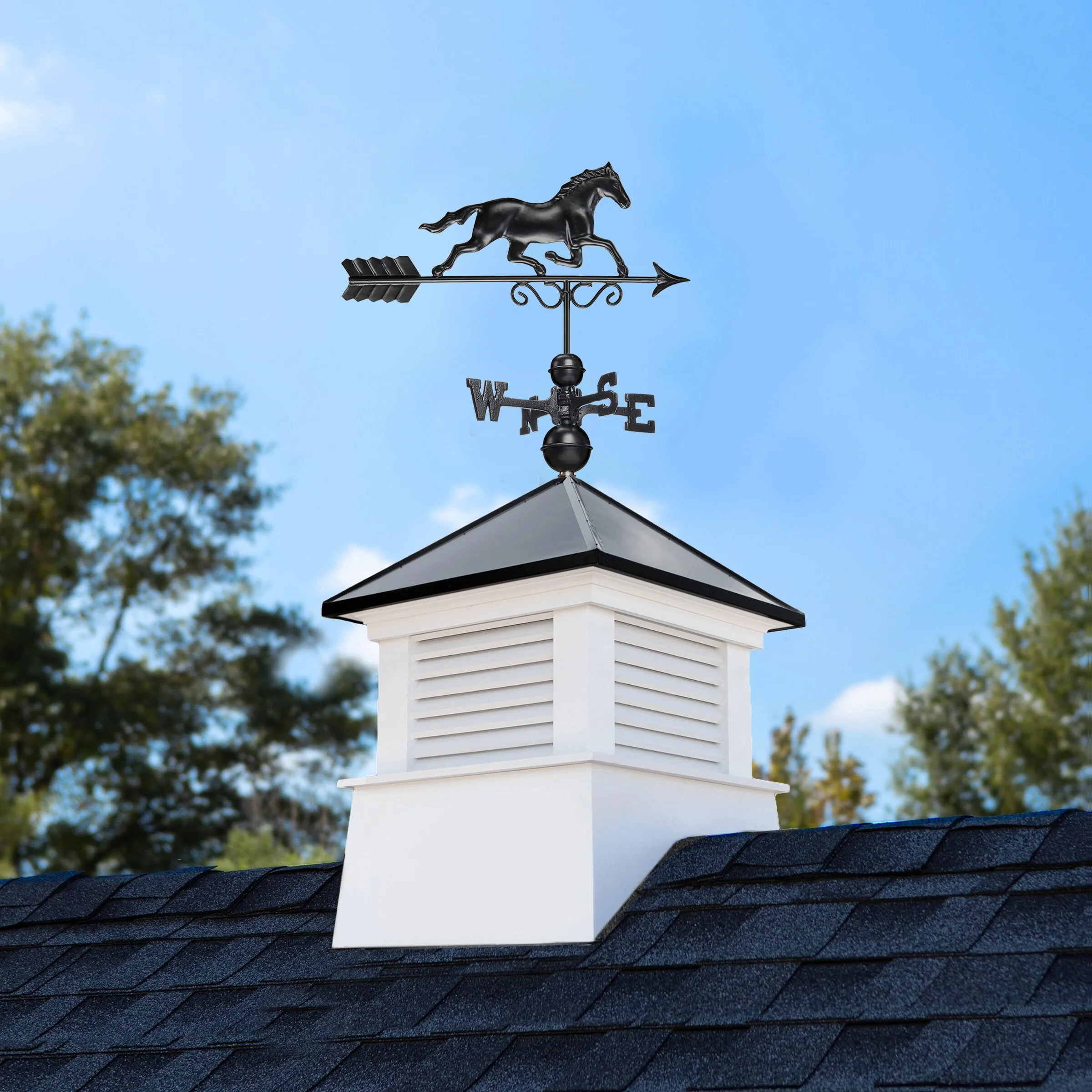 Good Directions Manchester 30-in x 64-in White Vinyl Cupola with Black Aluminum Roof and Black Horse Weathervane - Image 2