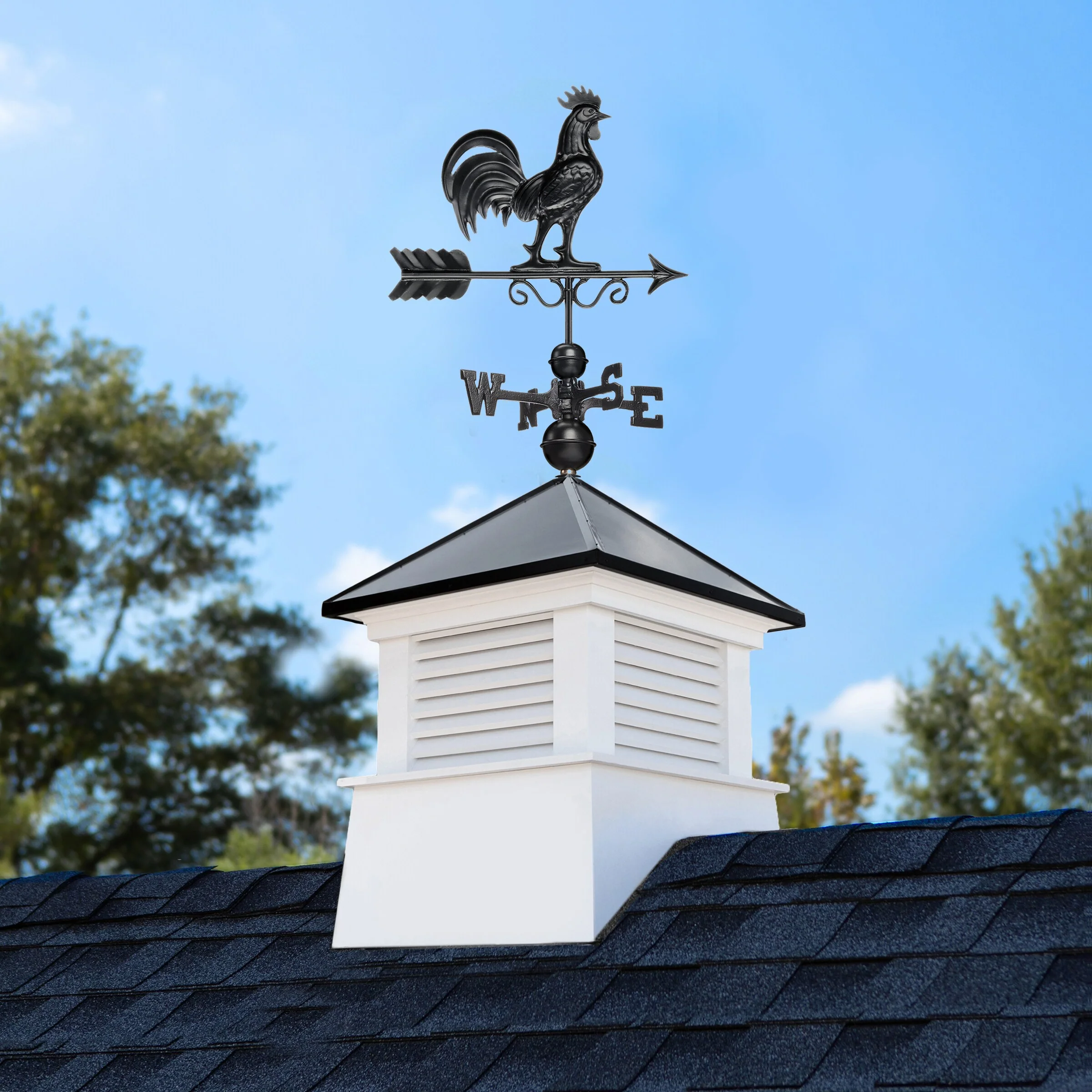 Good Directions Manchester 30-in x 67-in White Vinyl Cupola with Black Aluminum Roof & Black Rooster Weathervane - Image 2