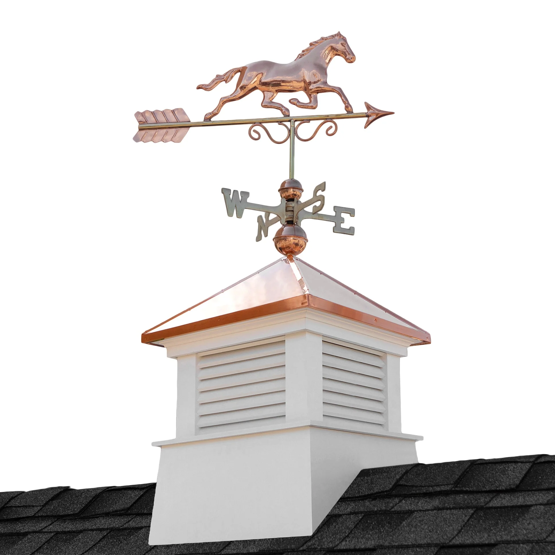 Good Directions Manchester Cupola with Copper Horse Weathervane, 18-in x 46-in White Vinyl Cupola with 24-Gauge Copper Roof