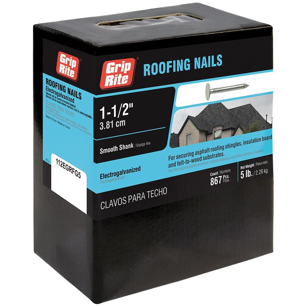 Grip-Rite 1-1/2 in. Electro-Galvanized Roofing Nails, Smooth Shank, 5 lb Box