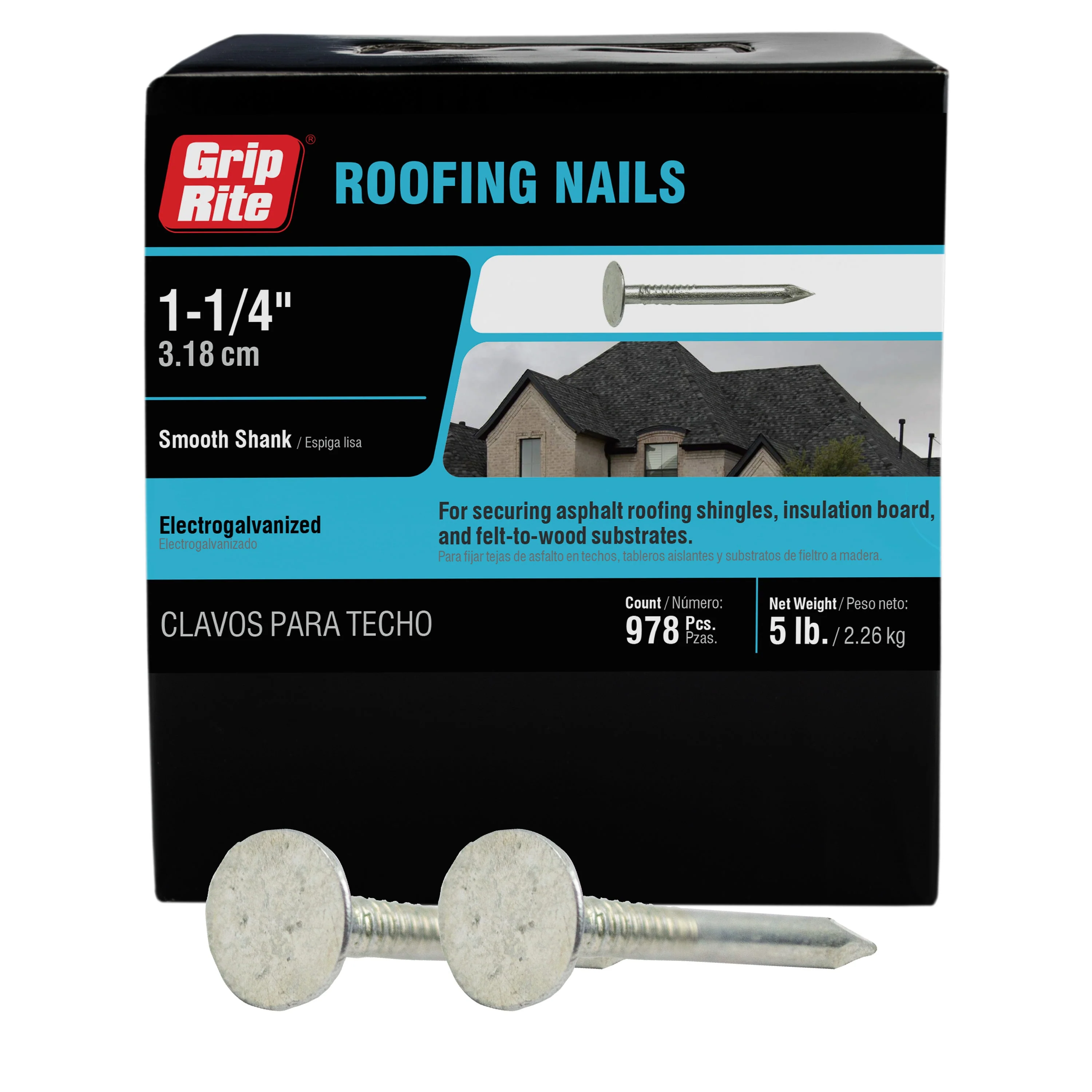 Grip-Rite 1-1/4 in. Electro-Galvanized Roofing Nails (5 lb. Box, Approx. 978 Count)